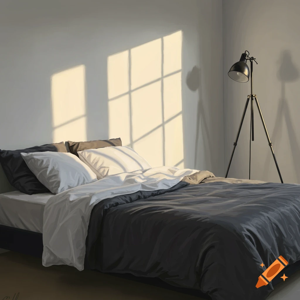 A cozy bedroom with a neatly made bed with dark gray and white bedding. Sunlight streams through a window, casting grid shadows on the wall. A black tripod floor lamp stands beside the bed.