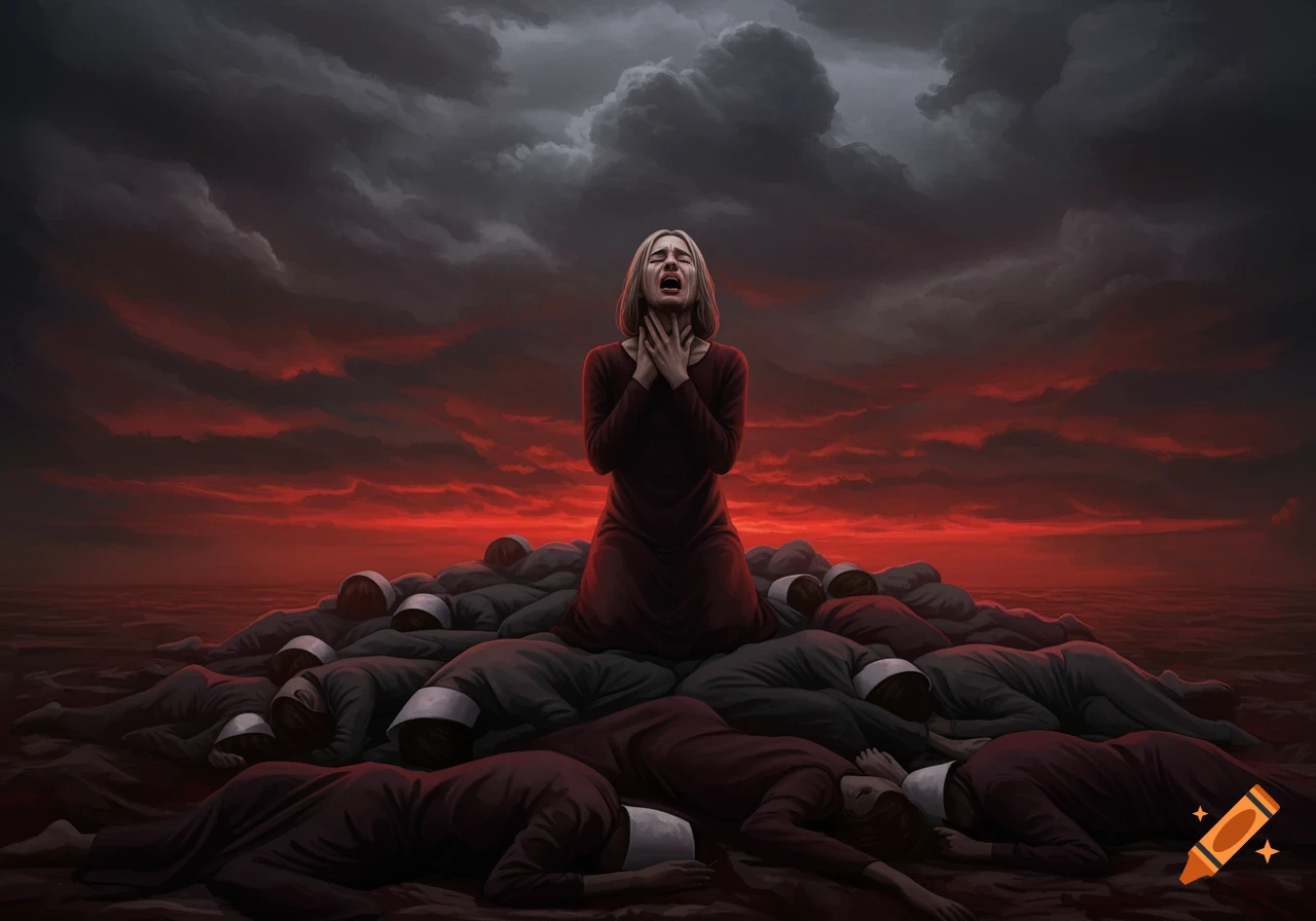 A woman cries, clutching her throat while kneeling on a pile of figures, under a dark, red-tinged stormy sky, in a symbolic, dramatic art style.