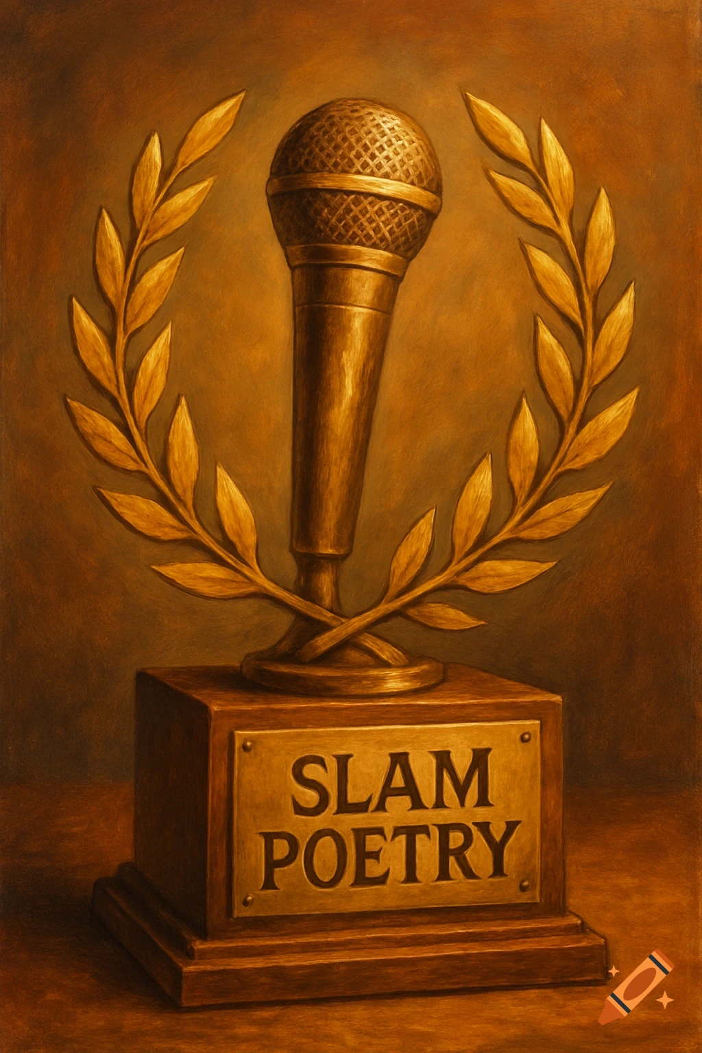 A bronze-toned trophy featuring a microphone and laurel wreath on a wooden base, engraved with 'SLAM POETRY'.