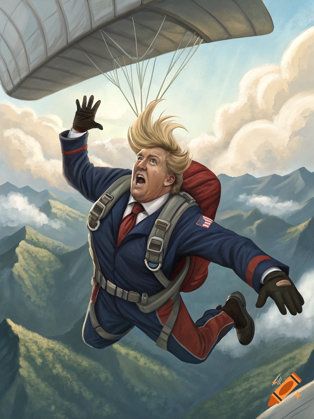 Caricature of Donald Trump skydiving with his blonde hair standing up, over a mountainous landscape.