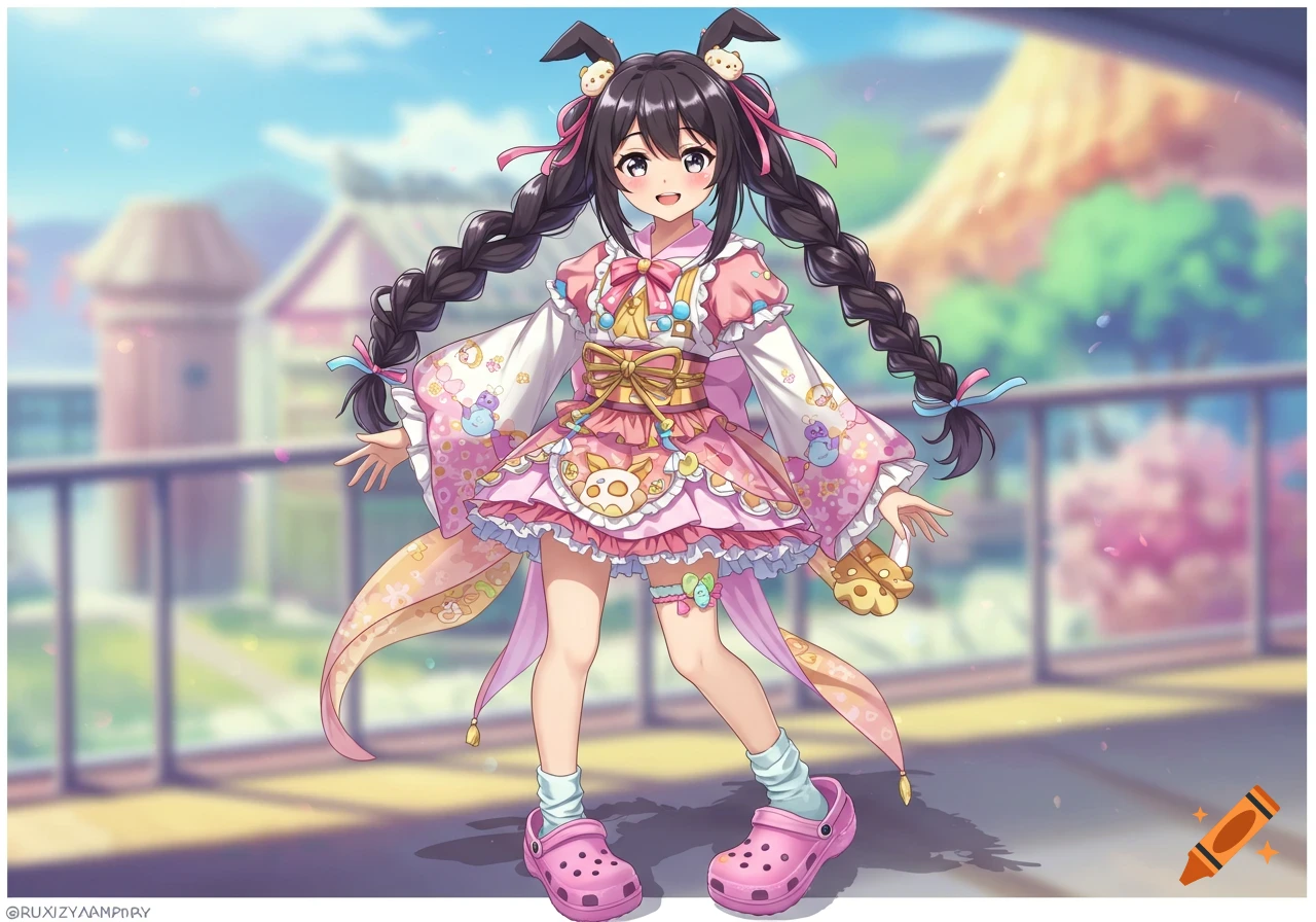 An anime girl with black braided pigtails, bunny ears, and a pink, frilly traditional-style dress stands in pink Crocs shoes outdoors.