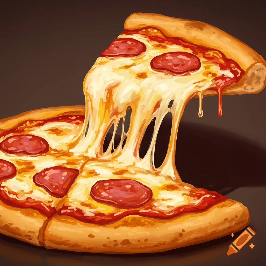 A close-up of a pizza slice being pulled from a whole pizza, with abundant stretchy, melted cheese and pepperoni.