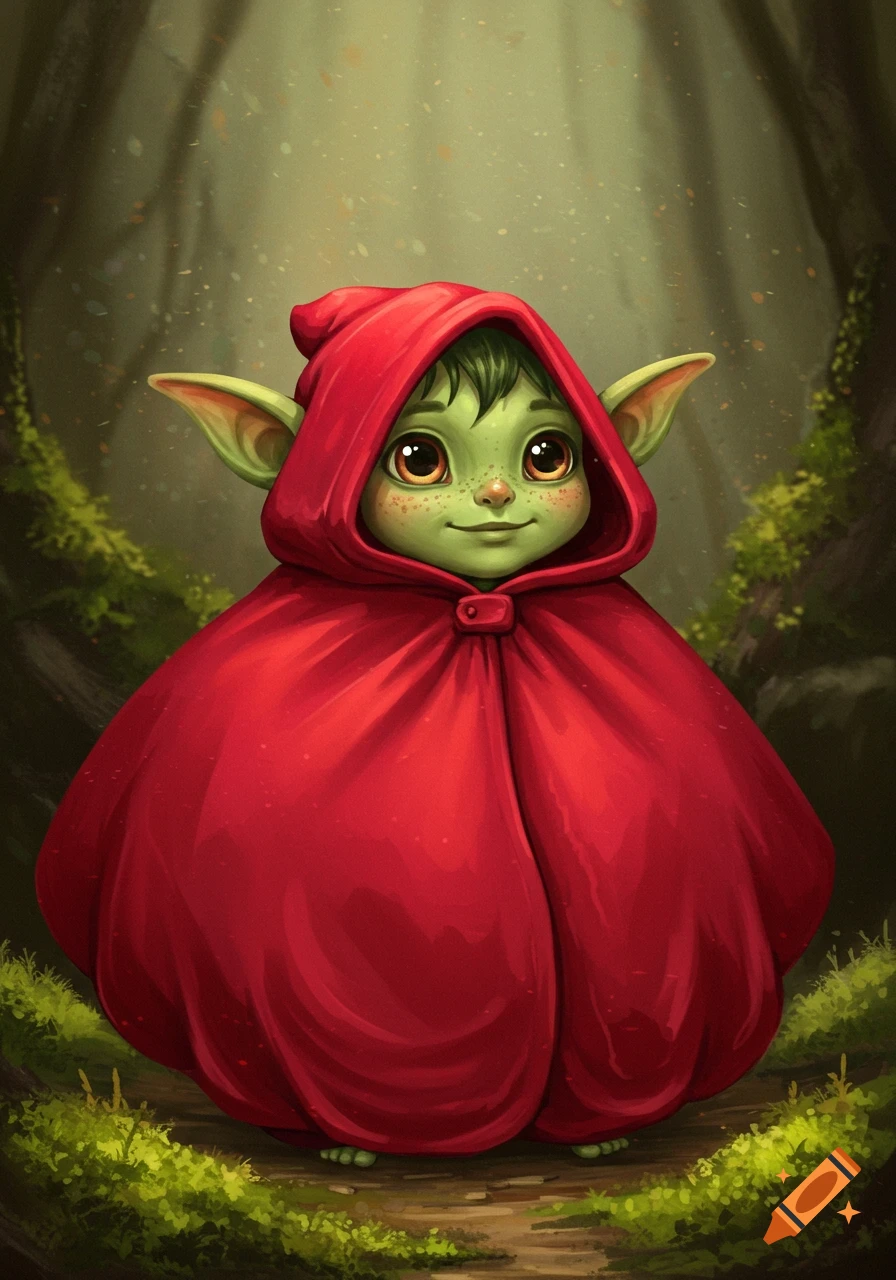 A cute, green-skinned goblin with large eyes and freckles wears an oversized red hooded cloak, standing in a magical forest.