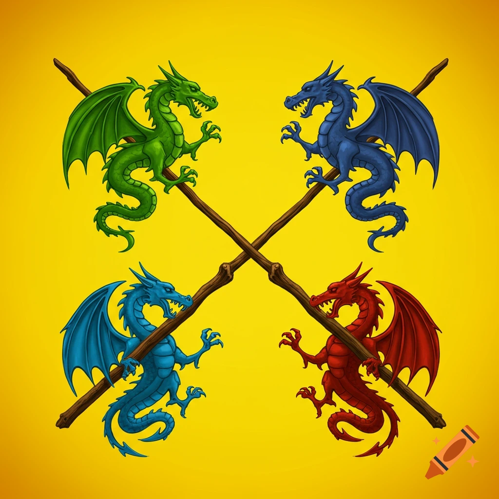 Four stylized dragons in green, dark blue, light blue, and red, positioned around two crossed wooden wands on a yellow background.