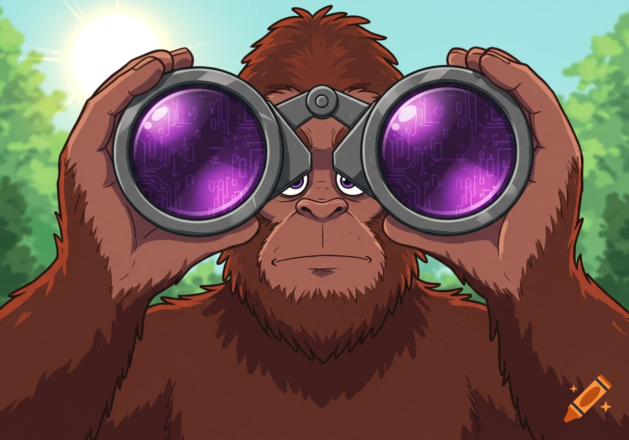 A cartoon Bigfoot looks through binoculars with purple digital lenses in a sunny forest.