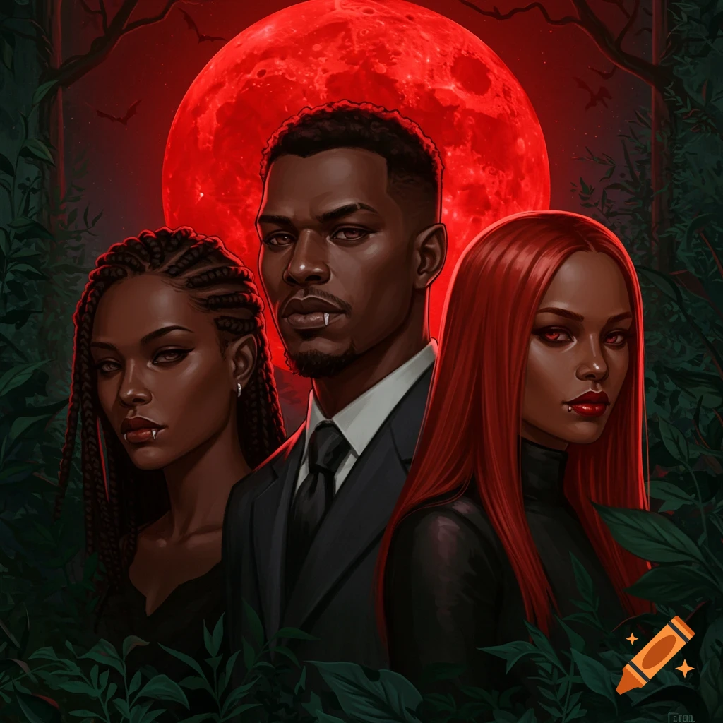 Stylized illustration of a male and two female African American vampires with red eyes and fangs, standing in a dark forest under a large red moon.