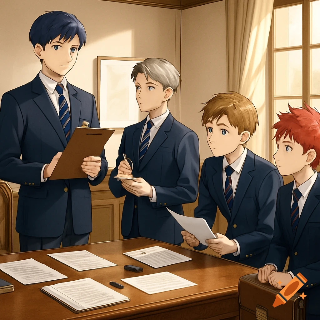 Four anime male teenagers in dark suits gather around a mahogany table with documents in a brightly lit, sophisticated room.