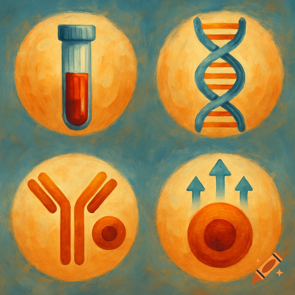 Four circular painterly icons: a blood test tube, DNA helix, antibody, and cell with rising arrows, representing biomarkers.