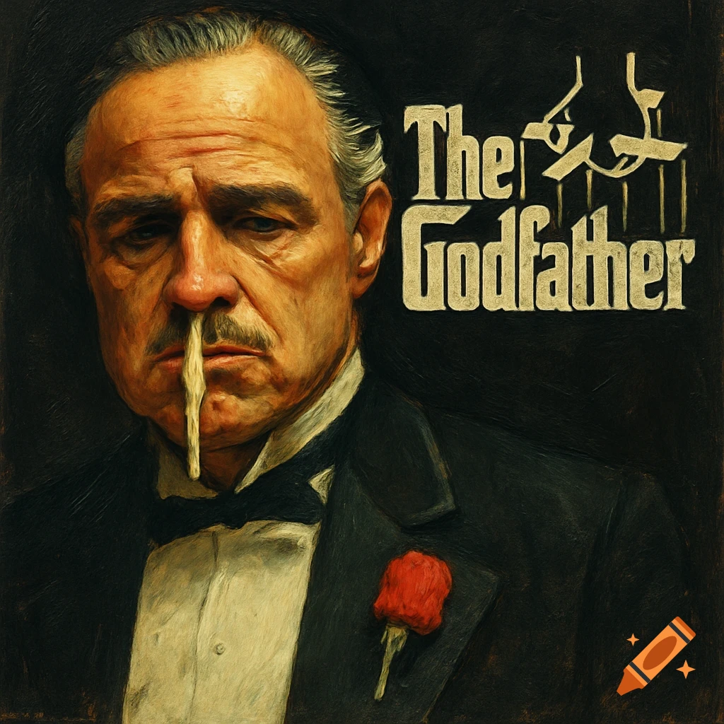 Painting of a man resembling Vito Corleone in a suit with a red rose, sporting a mustache and a runny nose, with 'The Godfather' text.