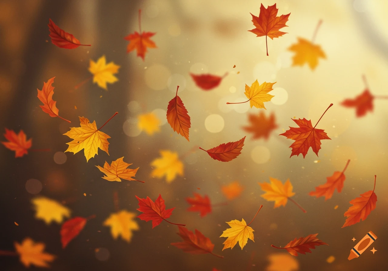 Numerous colorful autumn leaves falling against a blurred background with bokeh lights.