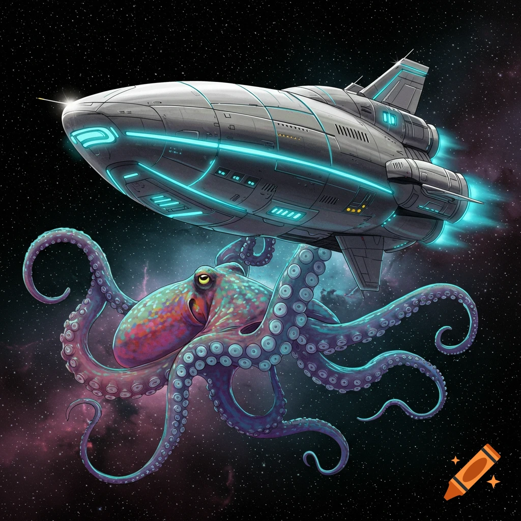 A colorful octopus floats next to a futuristic spaceship with glowing blue lights in outer space, against a backdrop of stars and a nebula.