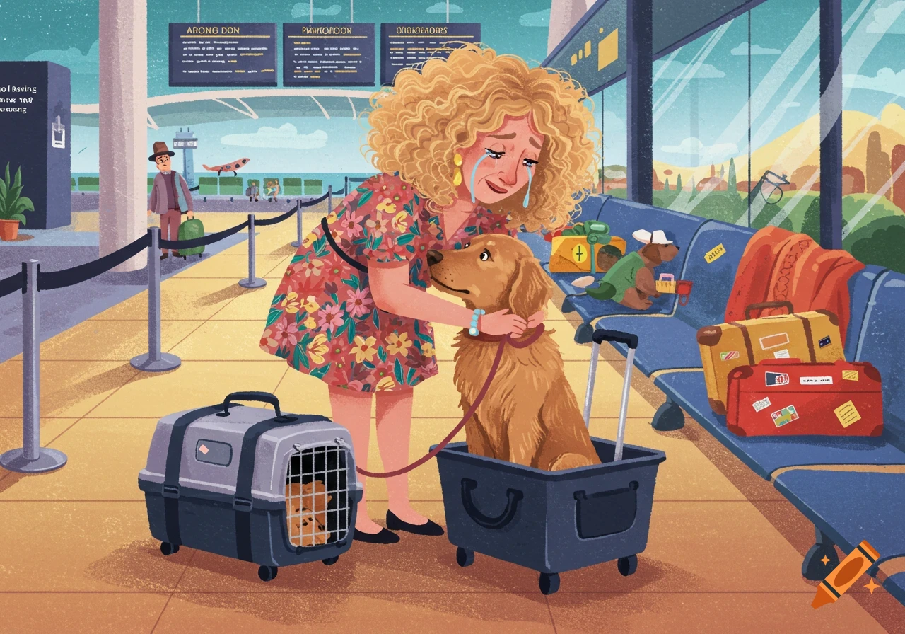 A crying woman with curly hair hugs a golden retriever at an airport, with a small dog in a carrier, in an illustrative style.