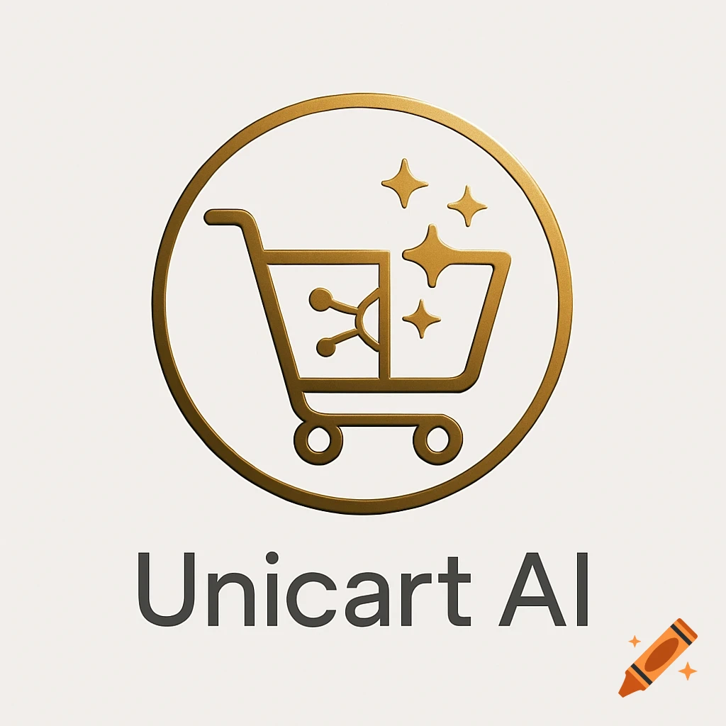 A gold shopping cart icon with stars and neural-node arcs inside a gold circle above the text "Unicart AI" on a light background.