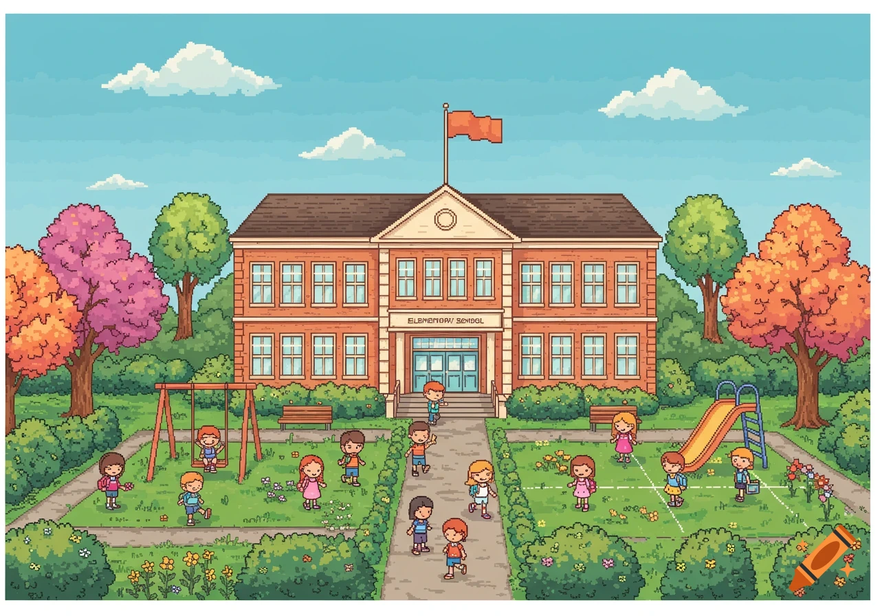 Pixel art illustration of an elementary school building with children playing on the playground with swings and a slide.