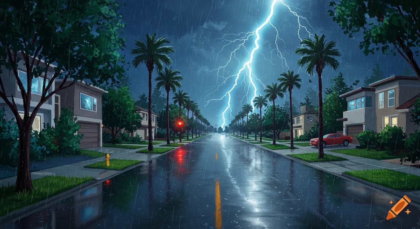 A dramatic illustration of a suburban street at night during a thunderstorm, with bright blue lightning illuminating modern houses and palm trees lining the wet, reflective road.