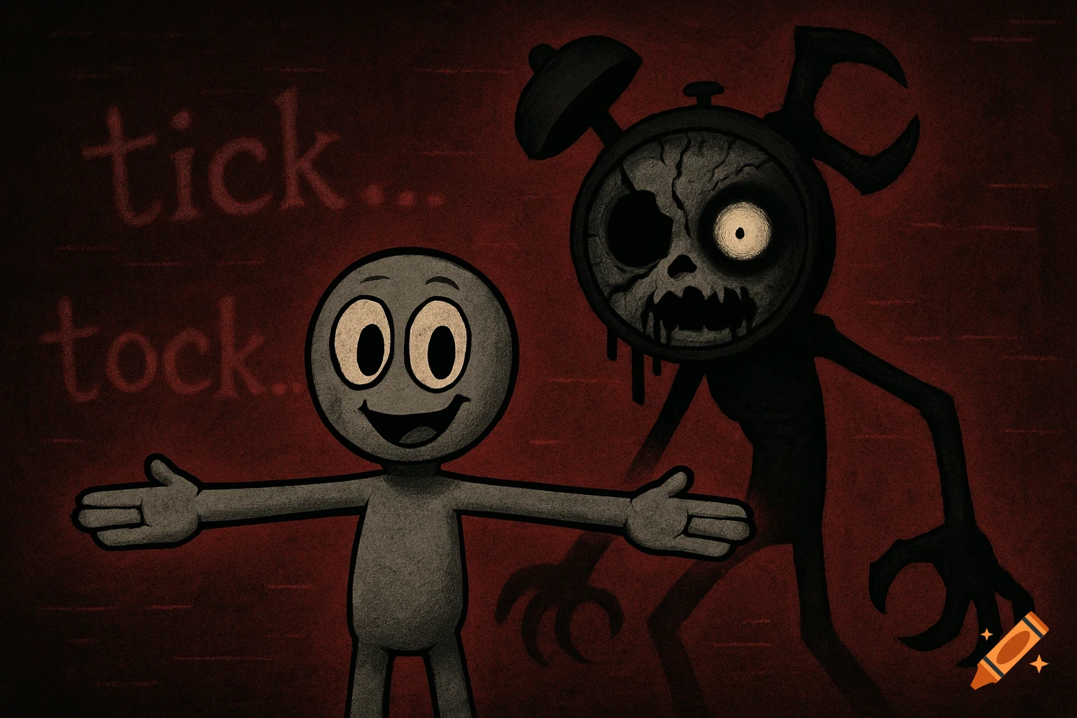 A horror cartoon features a smiling gray humanoid figure in front of a corrupted, cracked alarm clock monster with uneven eyes and a jagged arm, against a red static background with "tick... tock..." text.