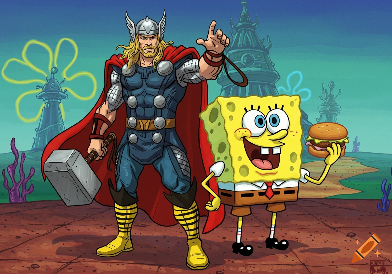 Thor in his armor with Mjolnir and Spongebob holding a burger stand together in a cartoon style underwater scene.