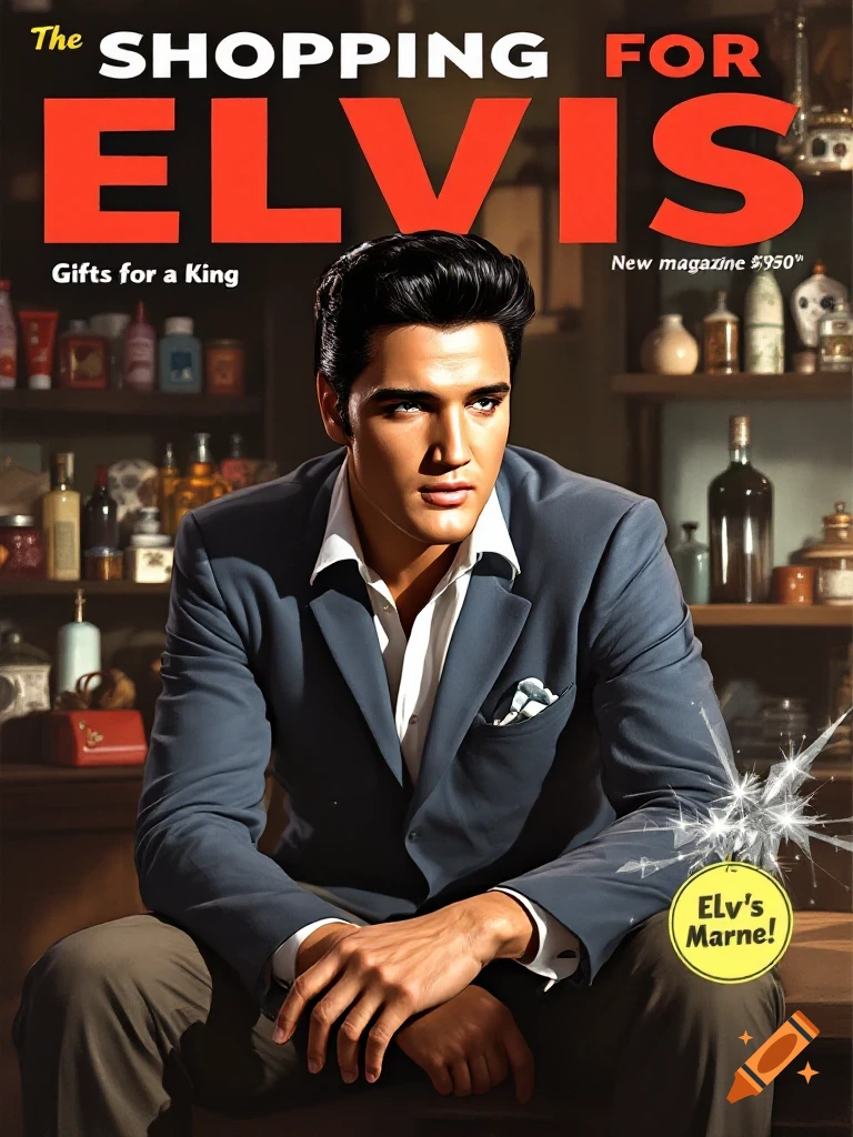 A 1950s style magazine cover titled 'The Shopping for Elvis' featuring a young Elvis Presley in a suit, with shelves of products in the background.