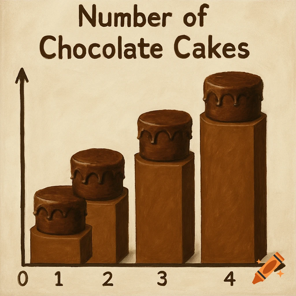 An illustrated bar chart titled 'Number of Chocolate Cakes', with four chocolate cakes on brown bar bases labeled 0 to 4 on the x-axis.