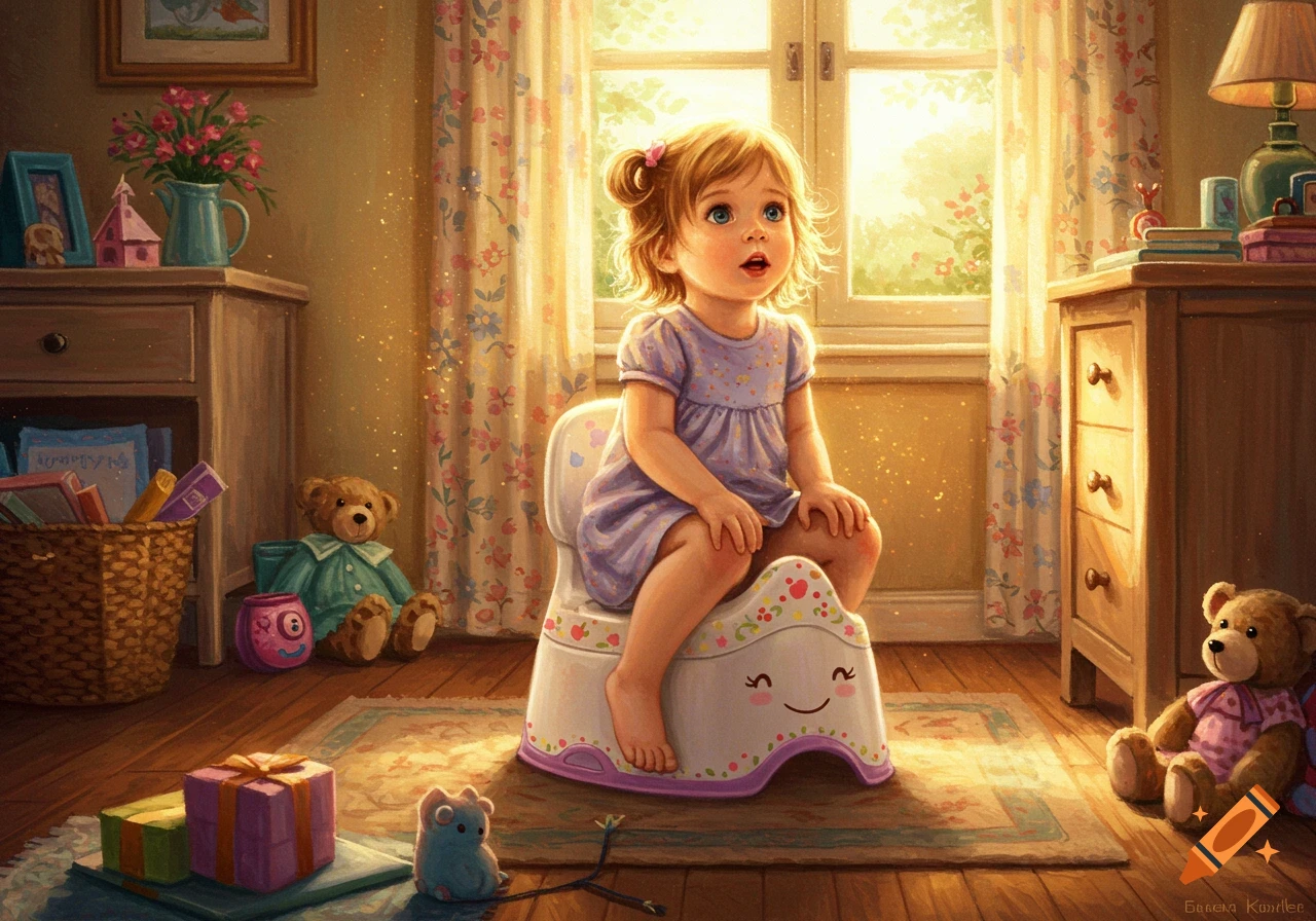 A toddler sits on a white potty in a sunlit room, surrounded by toys and furniture, in a painterly illustration style.