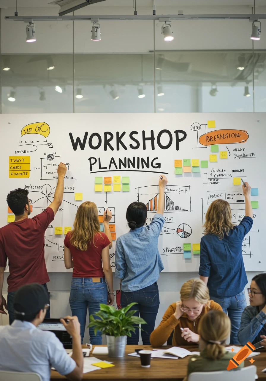 People in an office collaborating on a whiteboard during a workshop planning session.