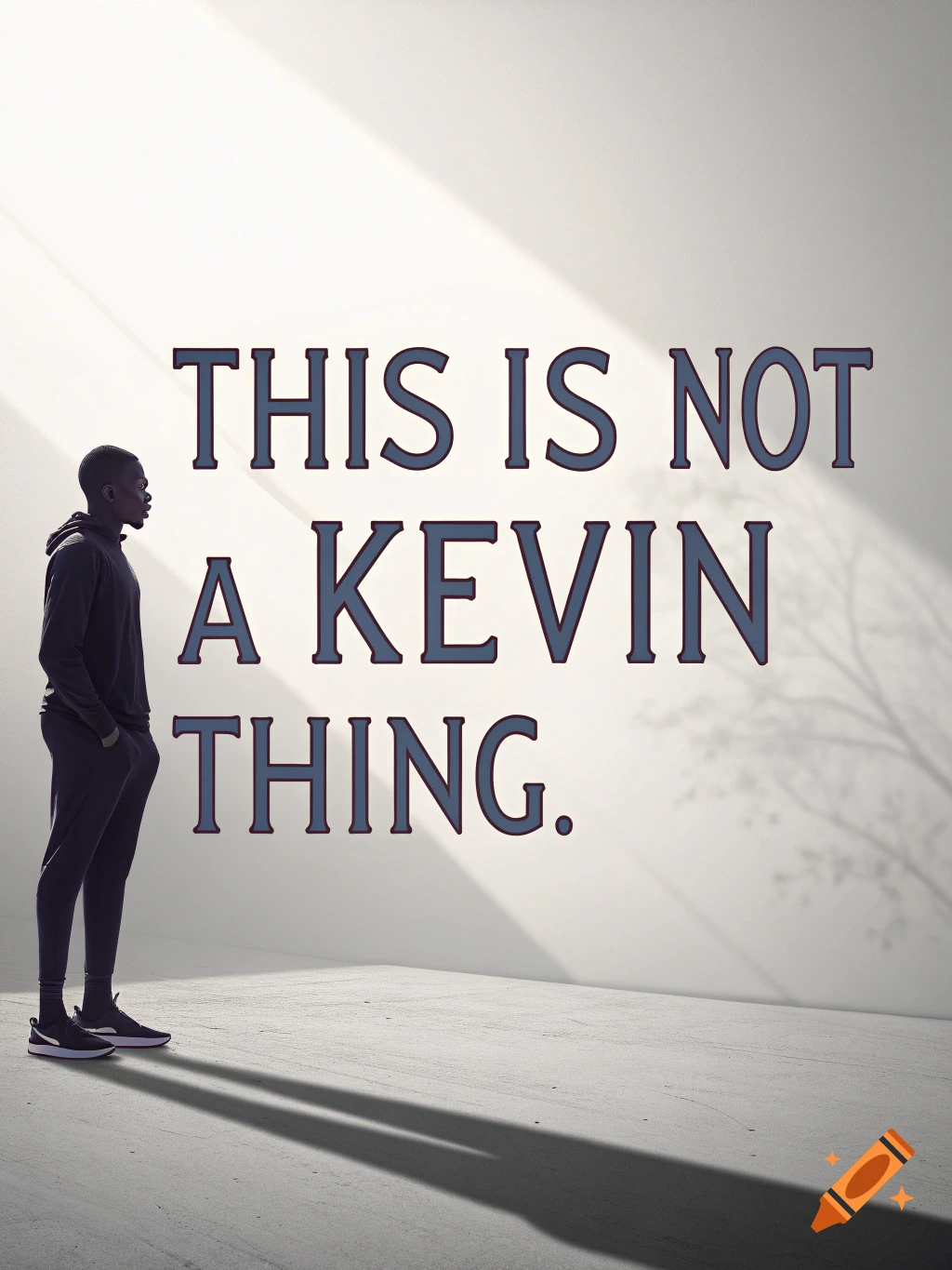 A man stands beside large text 'THIS IS NOT A KEVIN THING.' on a bright wall, with shadows cast on the floor.