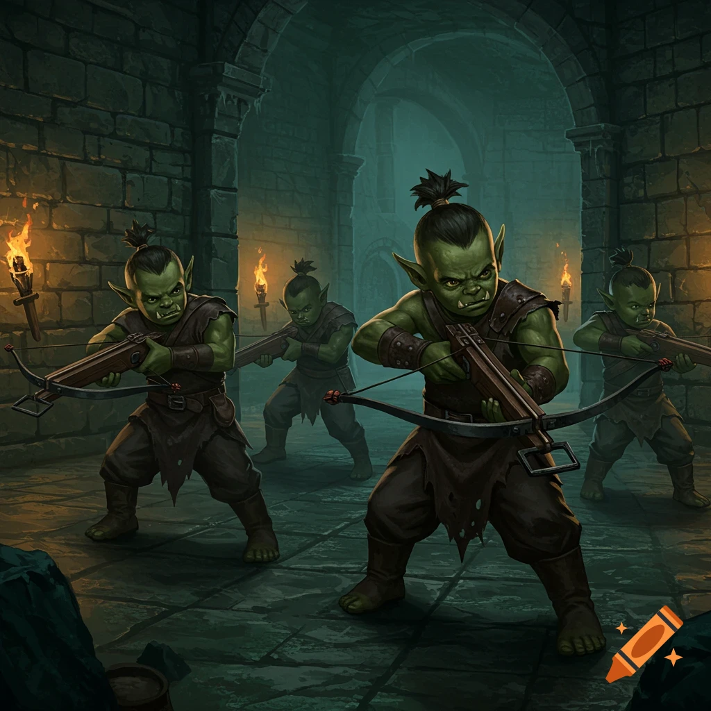 Four green orc-like creatures with crossbows stand in a torchlit dungeon corridor.
