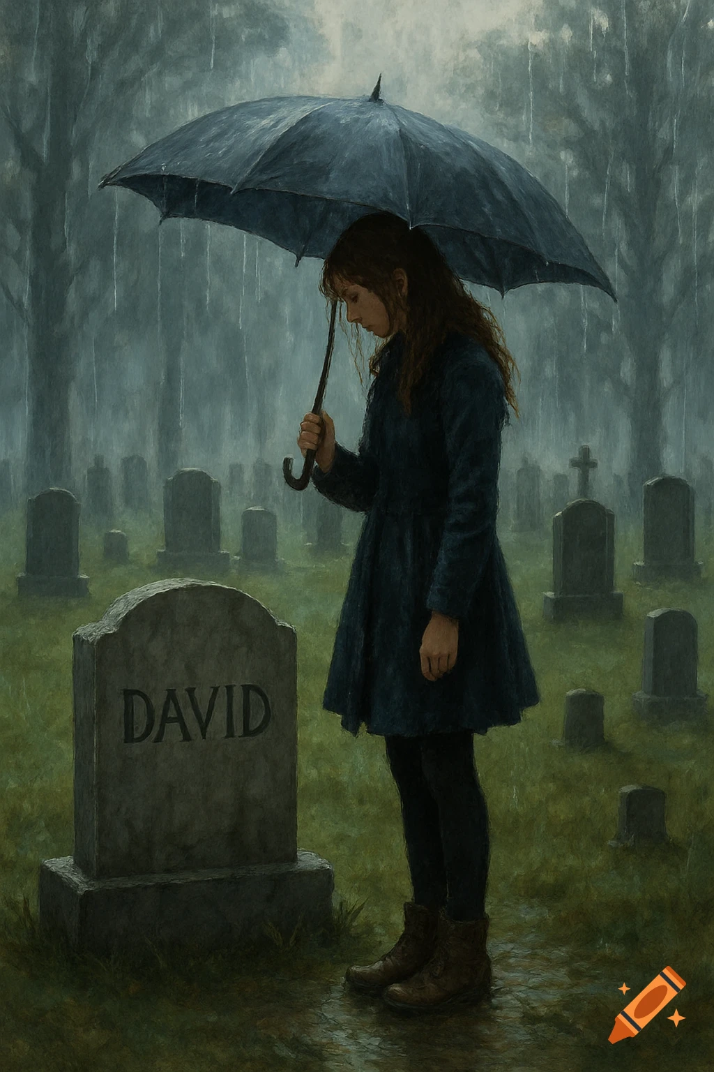 A girl with an umbrella stands in a rainy graveyard, looking down at a headstone inscribed with the name 'DAVID'.
