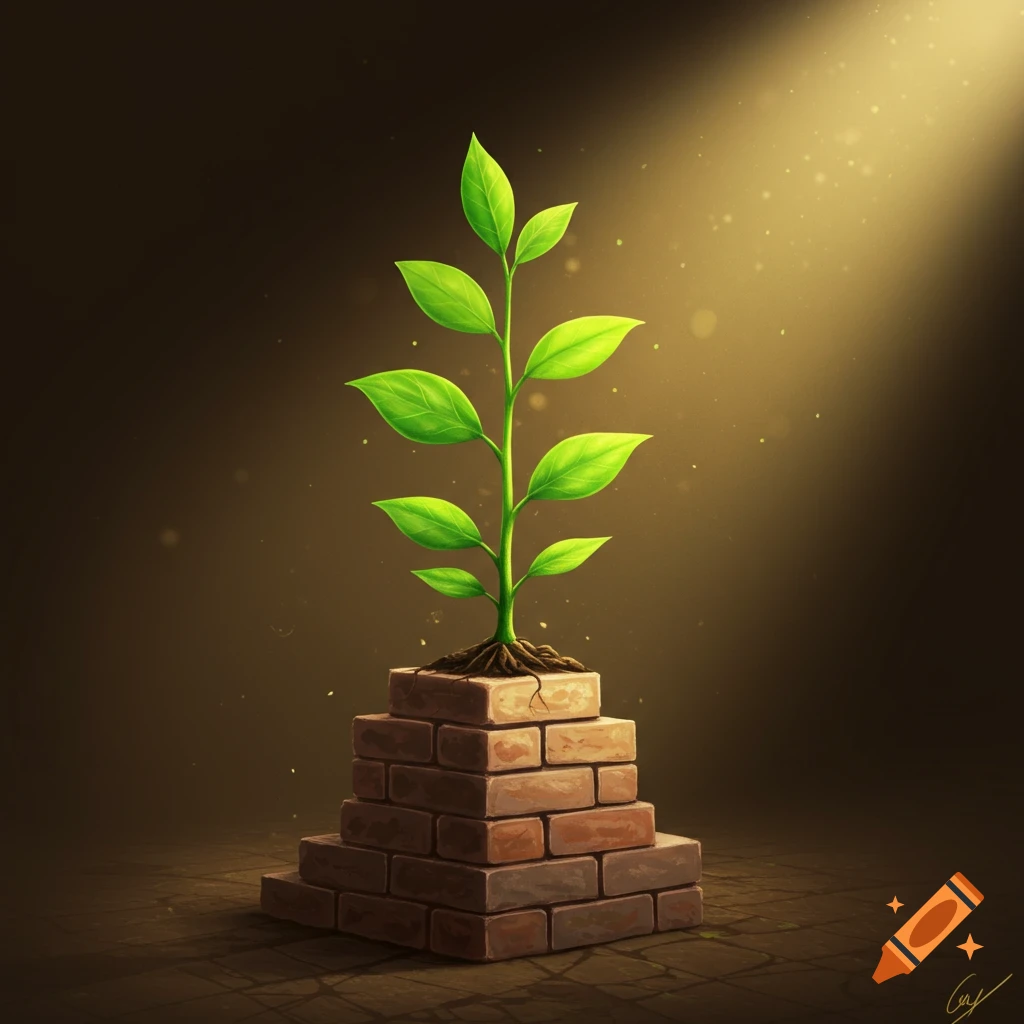 An illustration of a vibrant green plant growing from a tiered brick pyramid under a golden light beam.