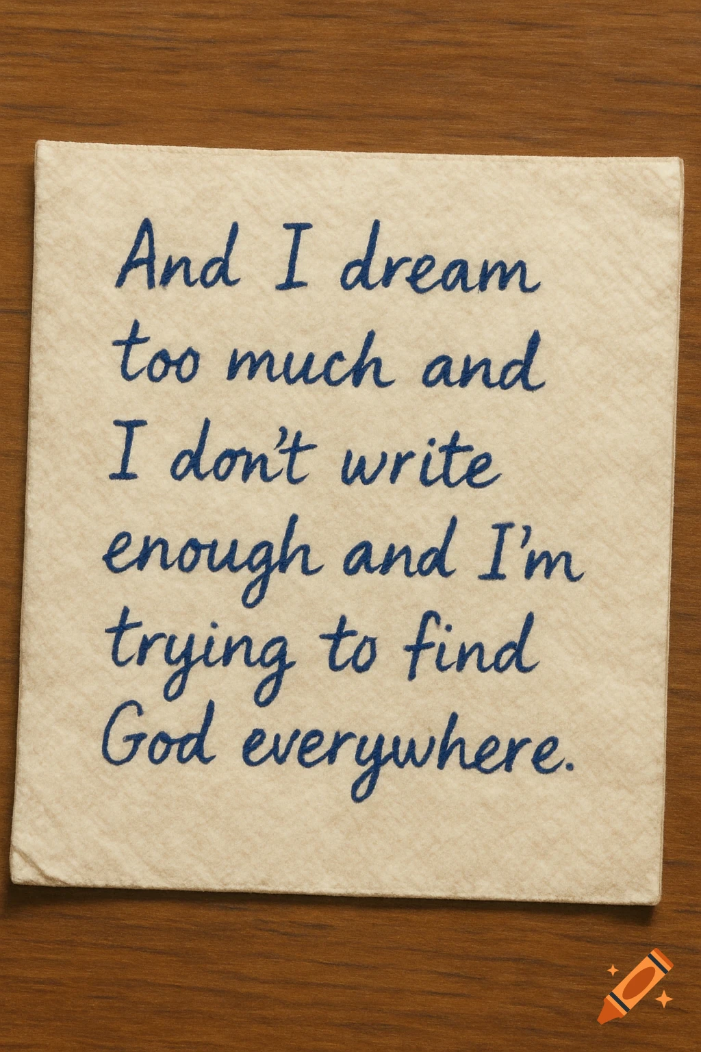 A beige napkin with the handwritten quote 'And I dream too much and I don't write enough and I'm trying to find God everywhere.' on a wooden table.
