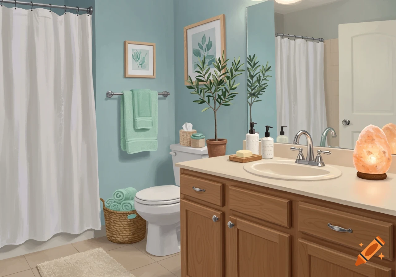 An illustration of a clean, light blue guest bathroom with a wooden vanity, a large mirror, a white shower curtain, and a pink salt lamp on the counter.