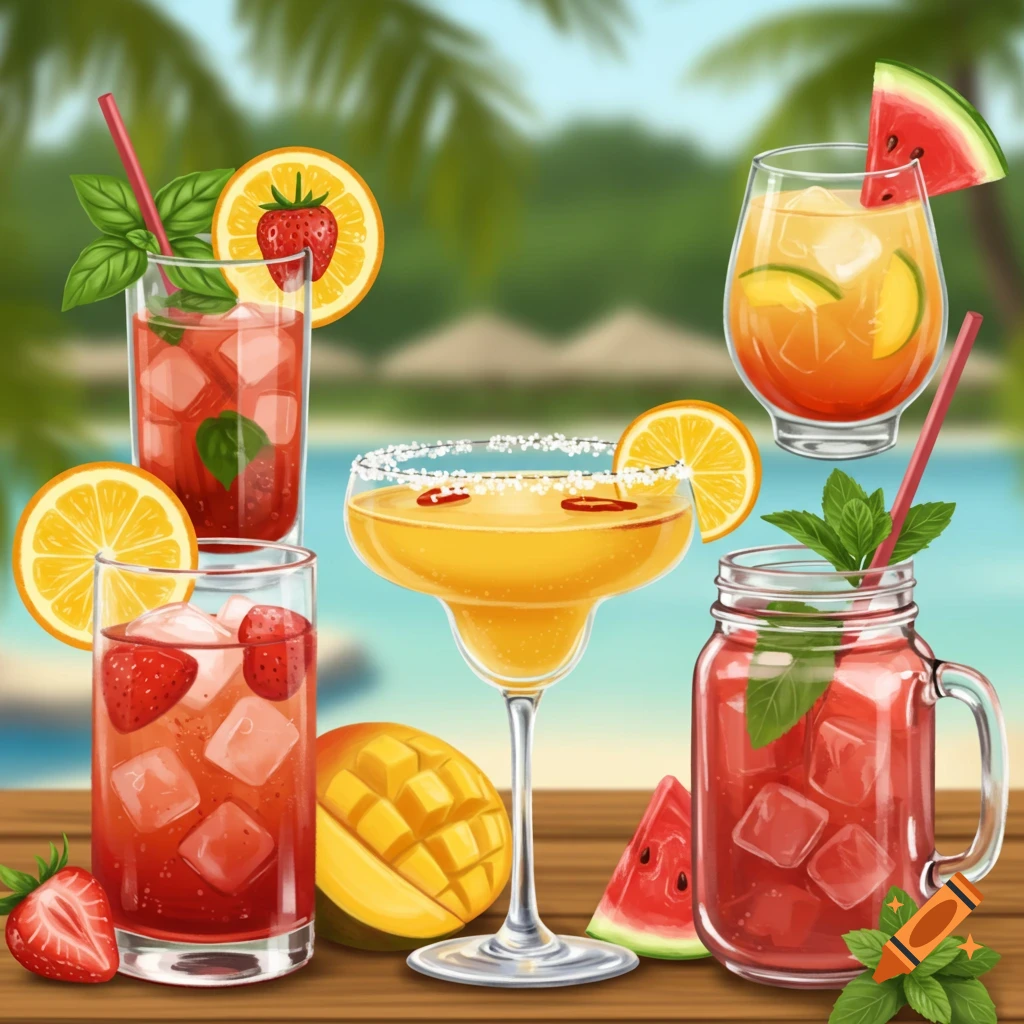 A vibrant illustration of various fruit cocktails and fresh fruits on a wooden table, with a tropical beach background.