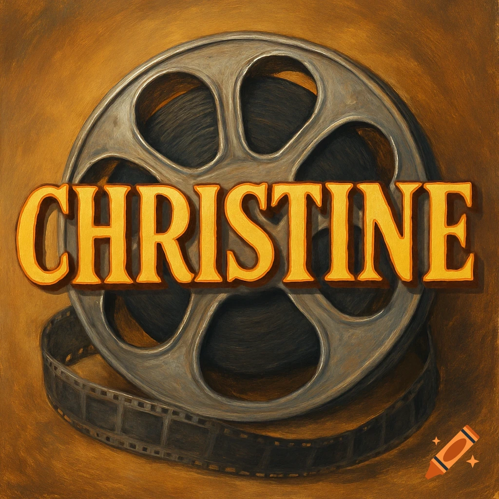 An illustration of a film reel with the name CHRISTINE in golden 3D letters, a film strip wrapped around it, on a textured brown background.