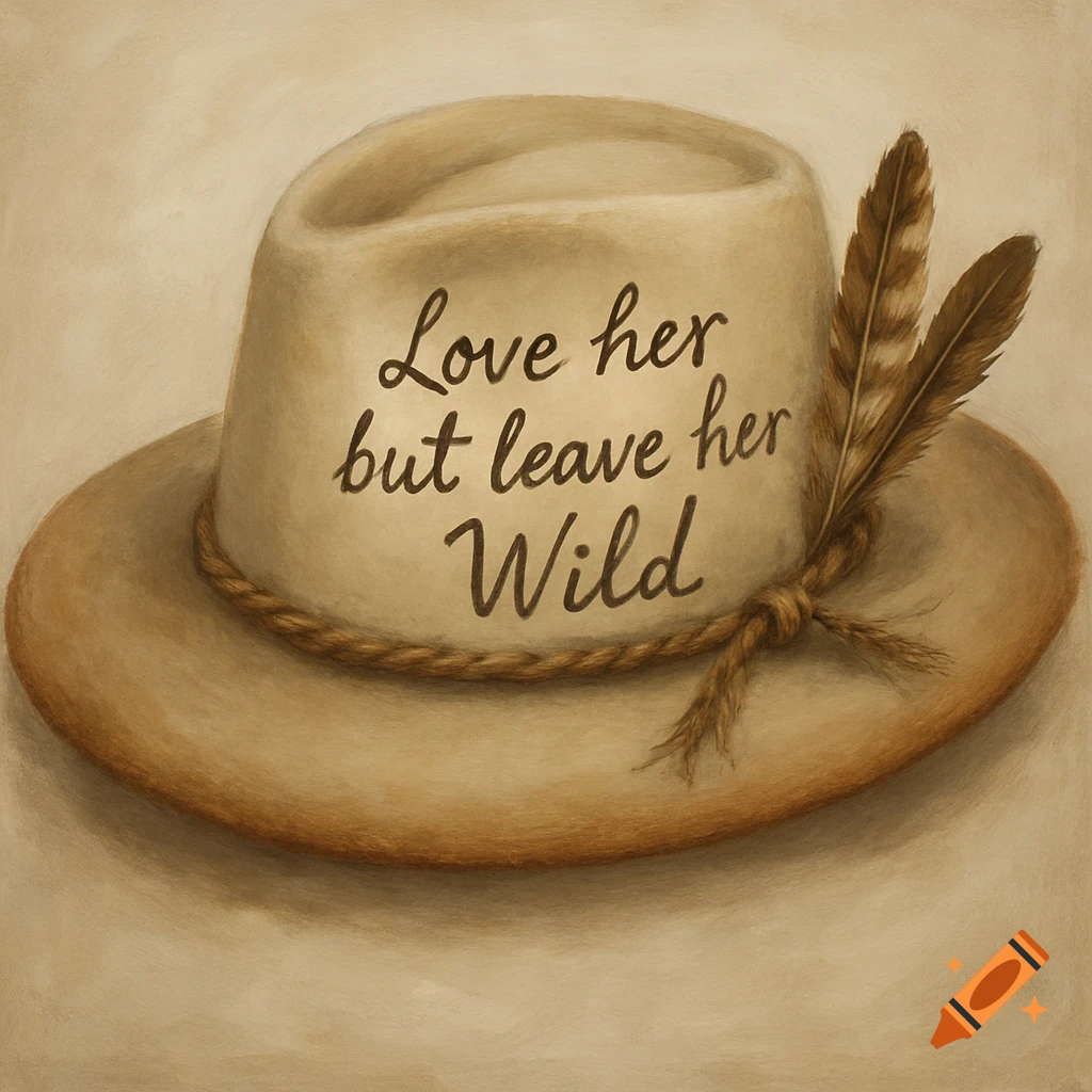 A felt wide-brimmed hat, off-white fading to brown edges, with a distressed rope, feathers, and the text 'Love her but leave her Wild' inscribed on the side.