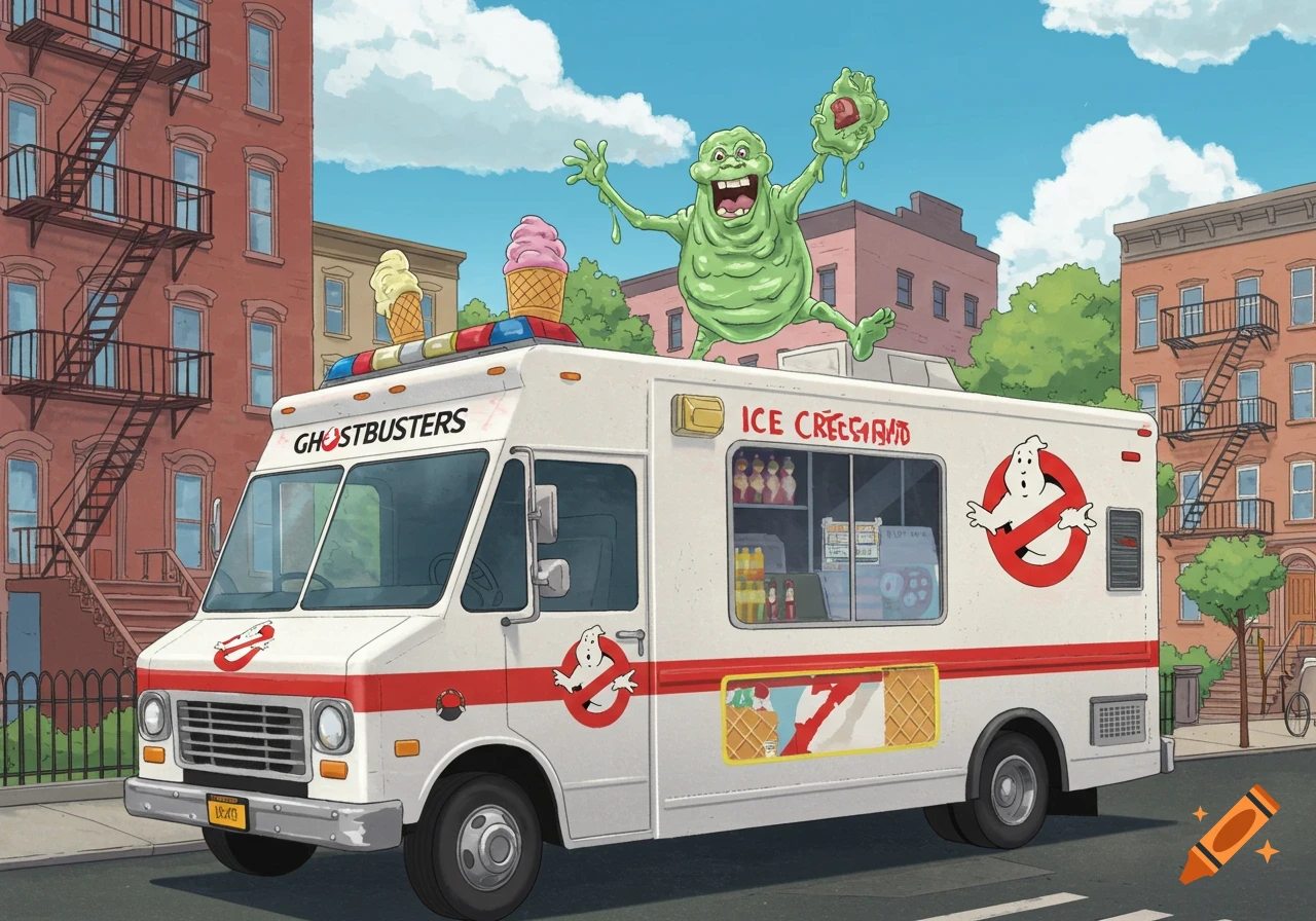 A white Ghostbusters ice cream truck with Slimer on the roof, two ice cream cones on top, parked on a city street.