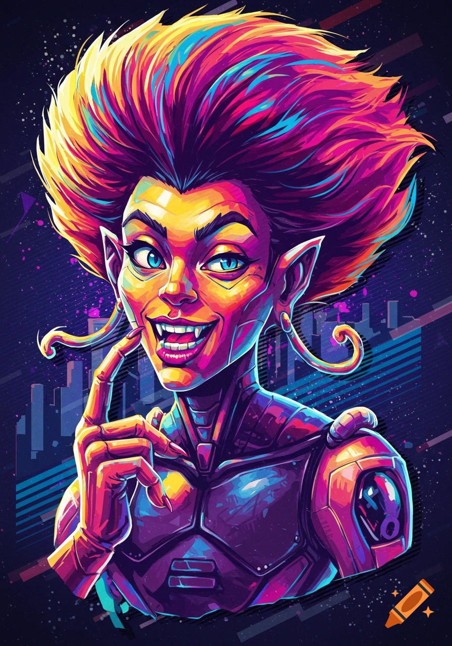 A vibrant, neon pop art illustration of a smiling futuristic character with spiky multicolored hair, pointed ears, fangs, and a metallic armored body.