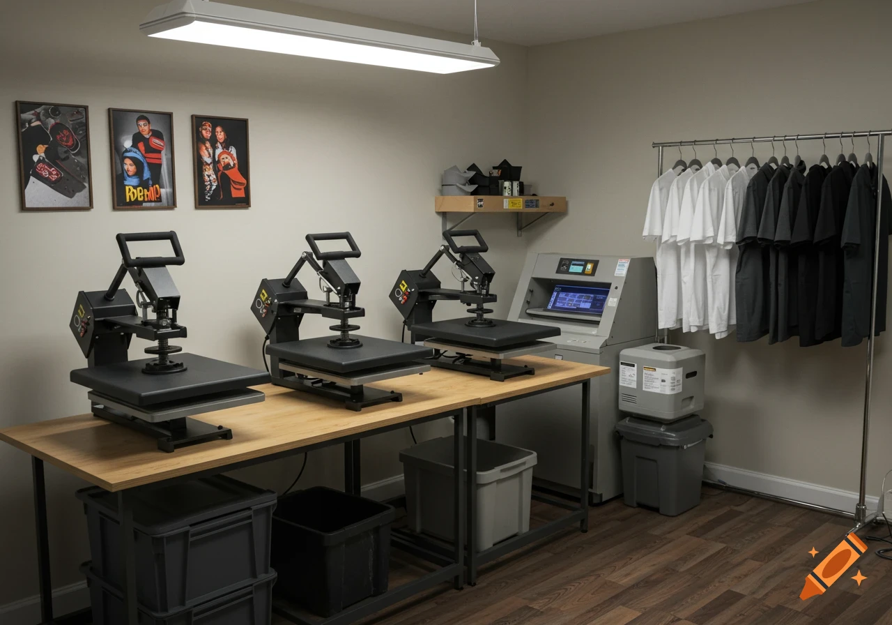 A well-lit, professional workshop featuring three black heat press machines on a wooden table, a clothes rack with white and black t-shirts, and a large gray printer.
