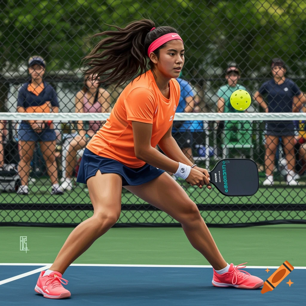 A young female pickleball player in an orange shirt and blue skirt on a court with a paddle and yellow ball, photorealistic style.