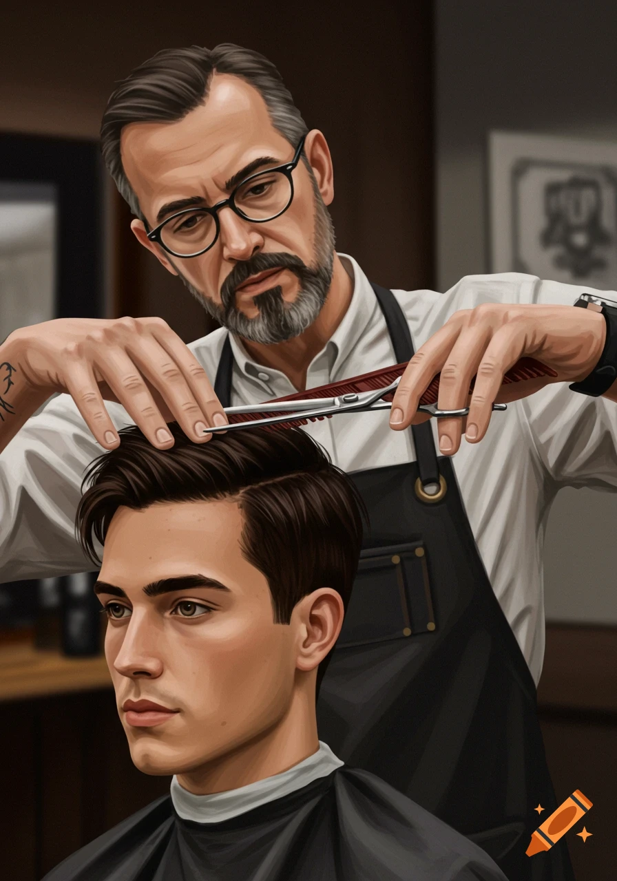 A skilled barber with glasses and a beard cuts the hair of a young man in a barbershop, depicted in a realistic digital painting style.