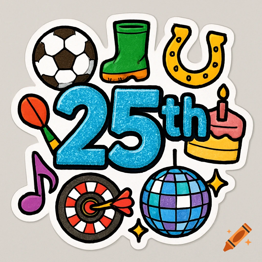 A bright cartoon sticker with a sparkling blue '25th' surrounded by icons of a soccer ball, wellington boot, horseshoe, cake, music note, dartboard, and disco ball.