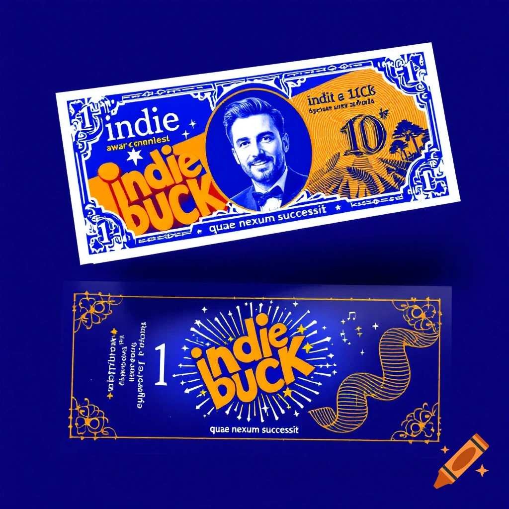 Two stylized 'Indie Buck' award bills in blue and orange. The top bill shows a man's portrait on the front, with 'indie buck' and 'quae nexum successit' text. The bottom bill shows the back of the currency with similar text.