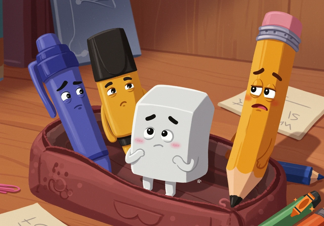 Cartoon scene of animated school supplies: a shy eraser, a sad blue pen, a yellow highlighter, and a weary pencil in a pencil case.