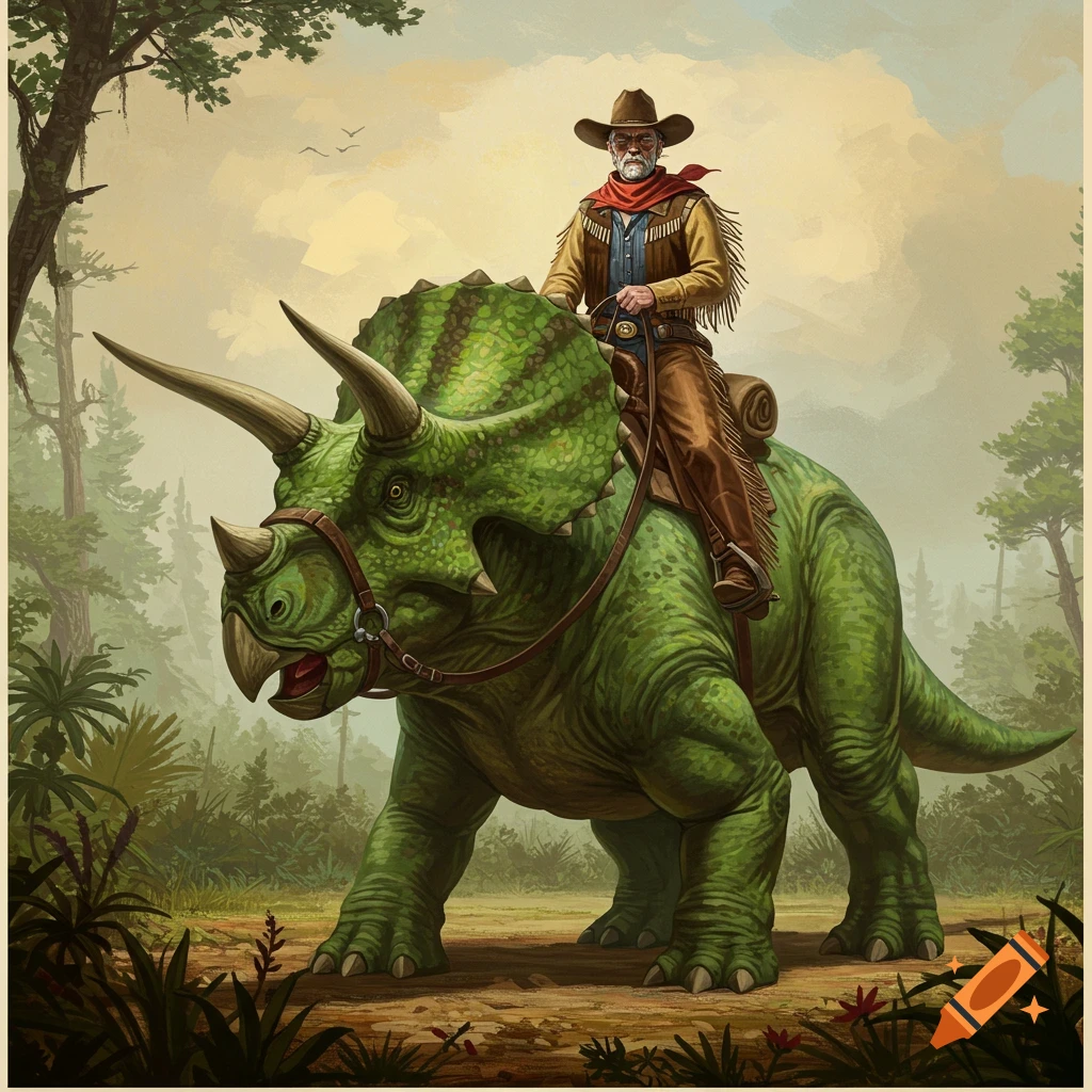 An oil painting of a cowboy with a red bandana riding a large green triceratops through a lush, prehistoric forest.