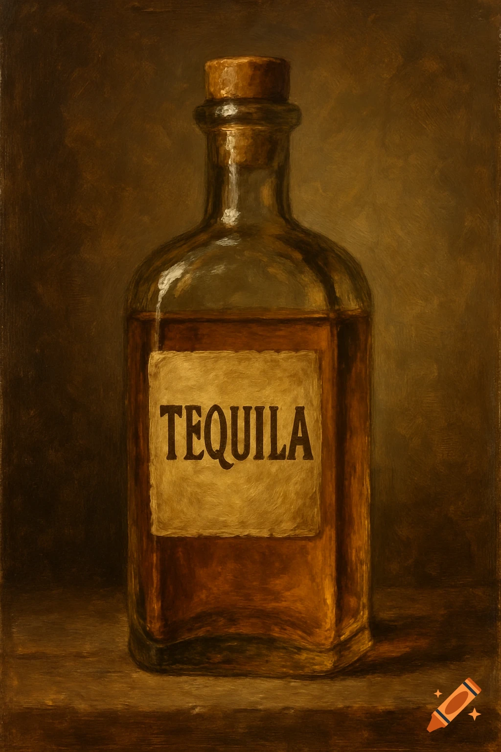 Painterly still life of a dark glass bottle labeled 'TEQUILA' on a wooden surface.