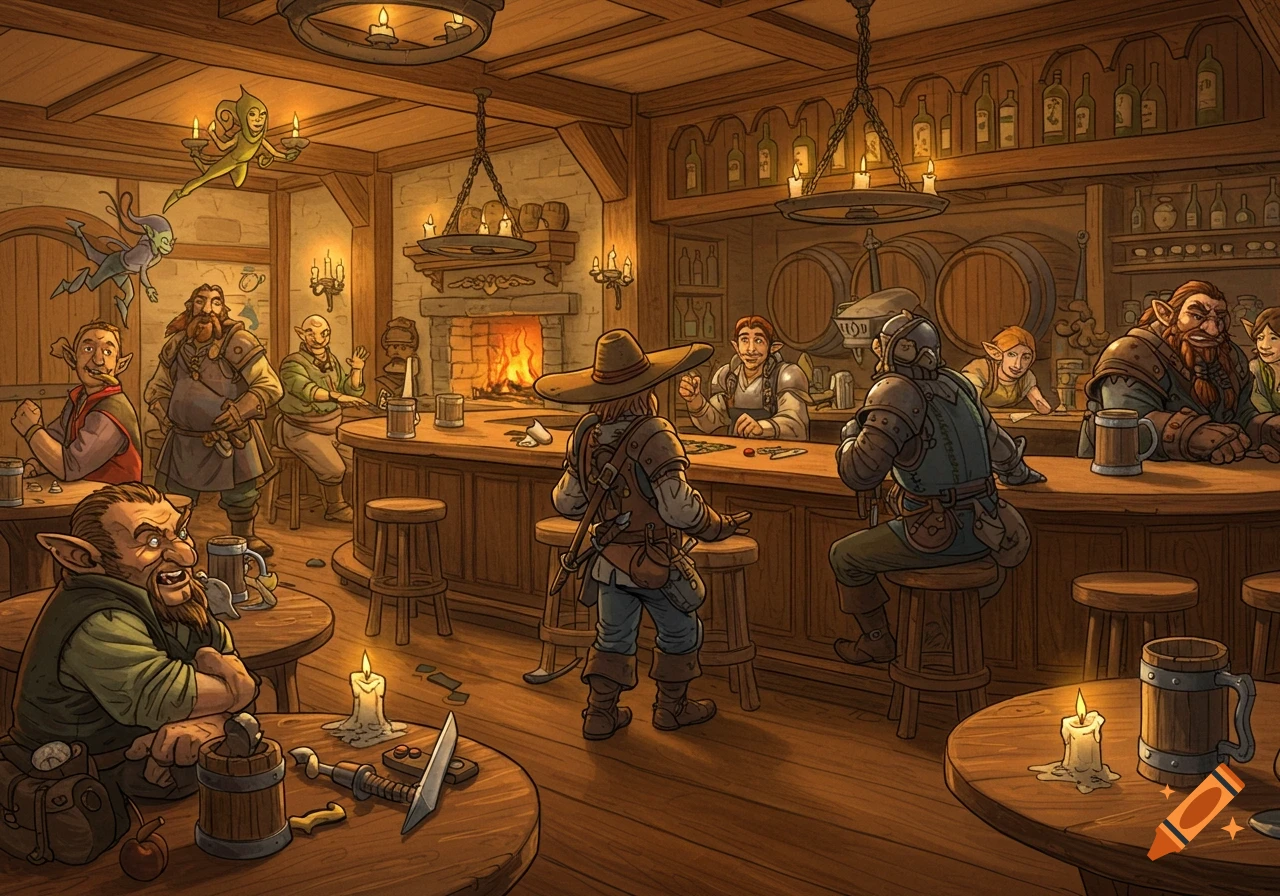 A vibrant, richly detailed Tony DiTerlizzi-style illustration of various fantasy characters like dwarves and elves gathered in a lively tavern.