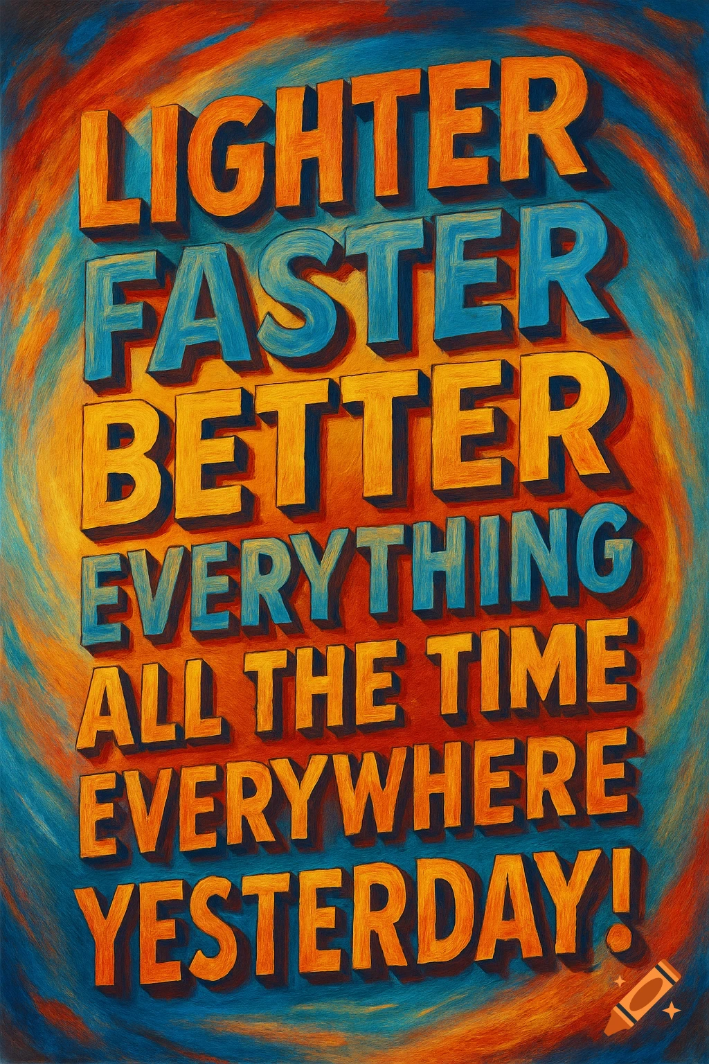 Bold, colorful poster featuring the words 'Lighter Faster Better Everything All the time Everywhere Yesterday!' against a swirling blue and orange background.