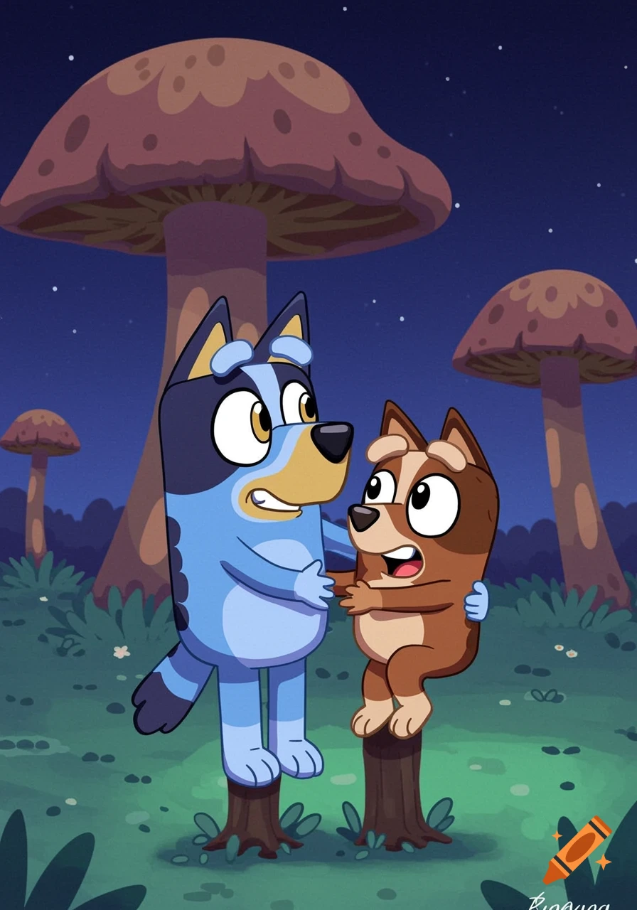 Bluey and Bingo characters embracing in a magical forest at night with large mushrooms and stars.