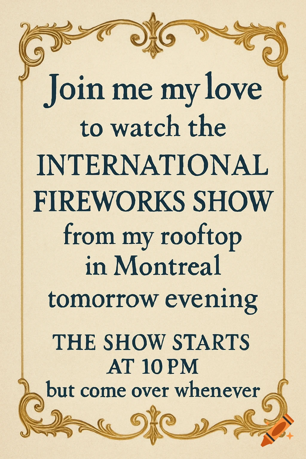 A cream-colored invitation card with a golden ornate border. Dark blue text reads: Join me my love to watch the International Fireworks Show from my rooftop in Montreal tomorrow evening. The show starts at 10 PM but come over whenever.