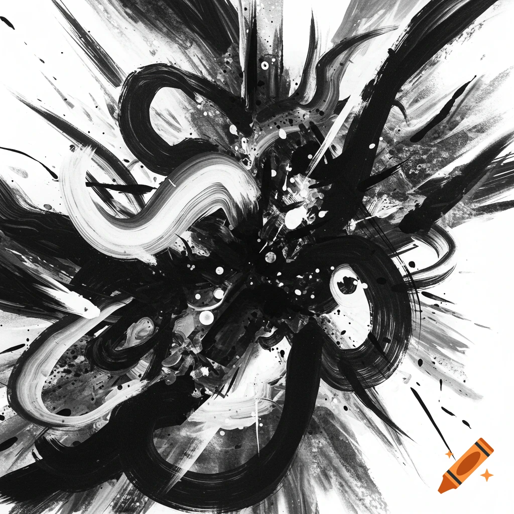 Dynamic black and white abstract art with bold brushstrokes and splatters.