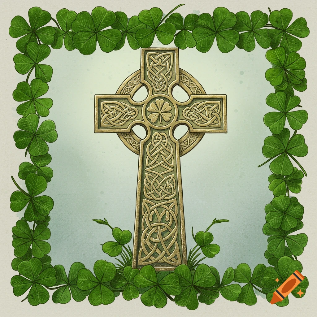 A detailed Celtic cross with intricate knotwork at the center, framed by a border of vibrant green shamrocks, on a light green background.